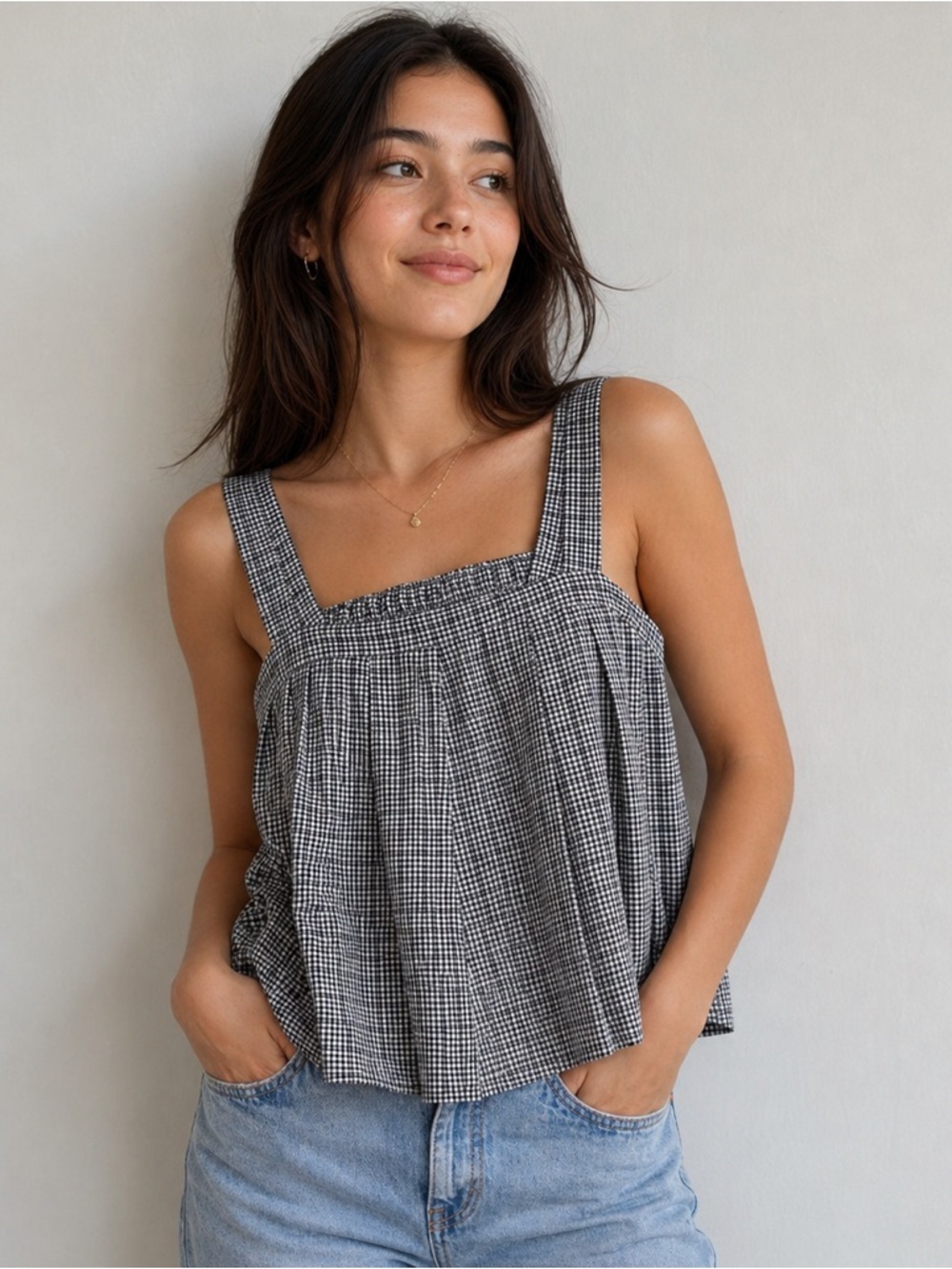 Max Studio London Black & White Gingham Pleated Tank Top Size L